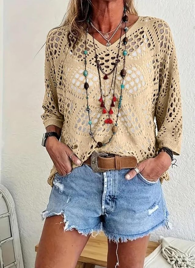 Crochet V-Neck Knit Top