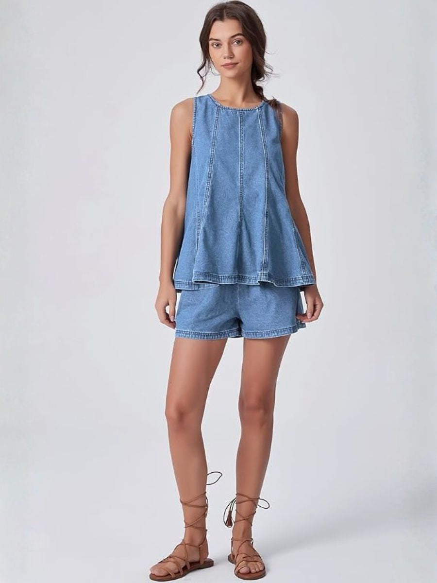 Sleeveless Denim Top and Shorts Set