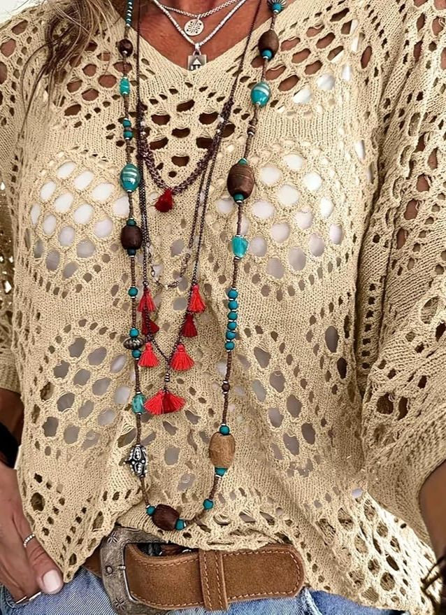Crochet V-Neck Knit Top